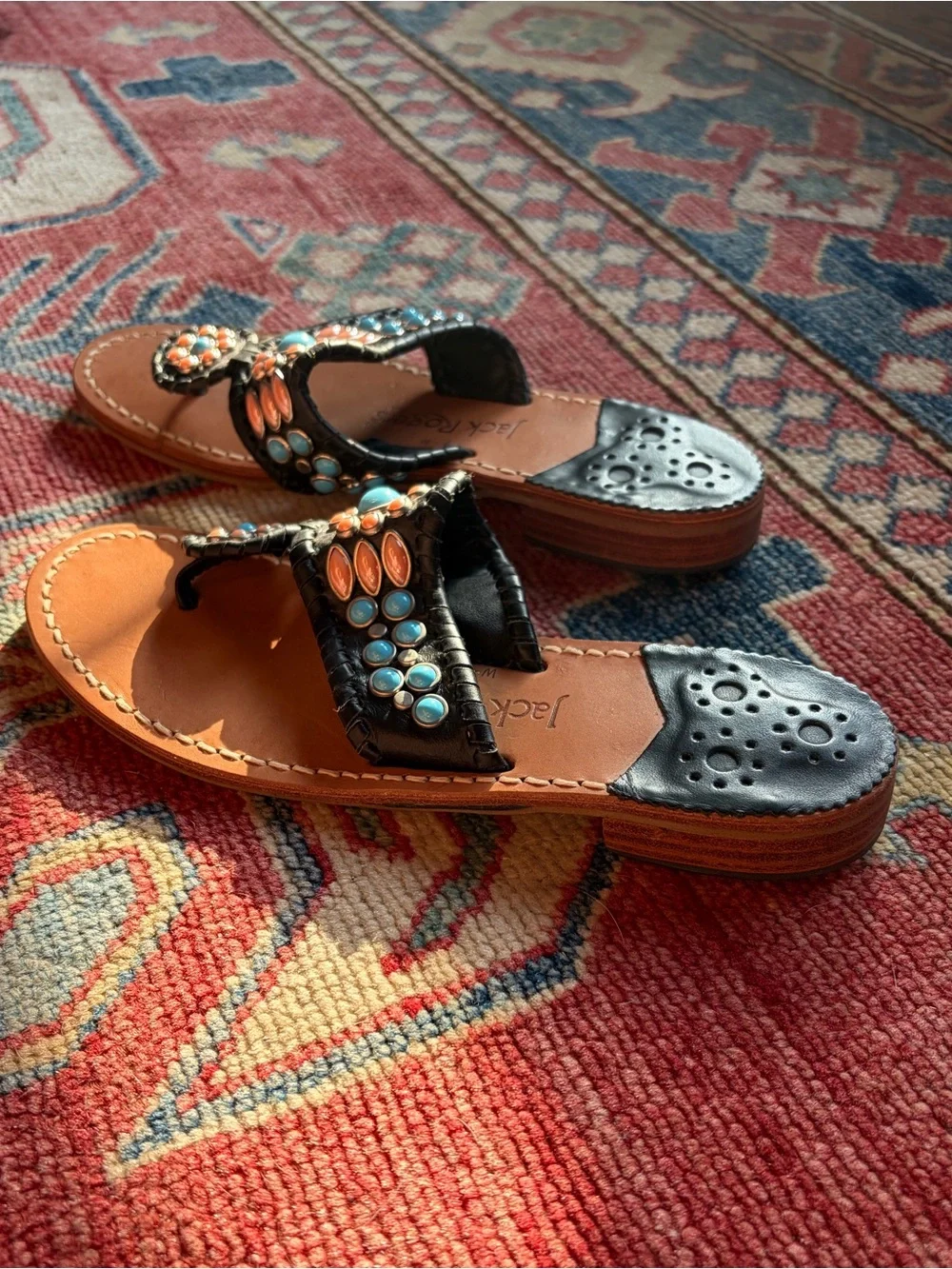 Jack Rogers Black Leather Sandals with Turquoise and Coral Beading